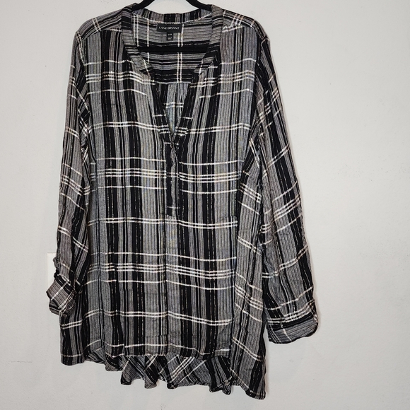 Lane Bryant Gold Metallic Black Grey Plaid Popover Button Shirt Peplum Back 3X - Picture 1 of 16